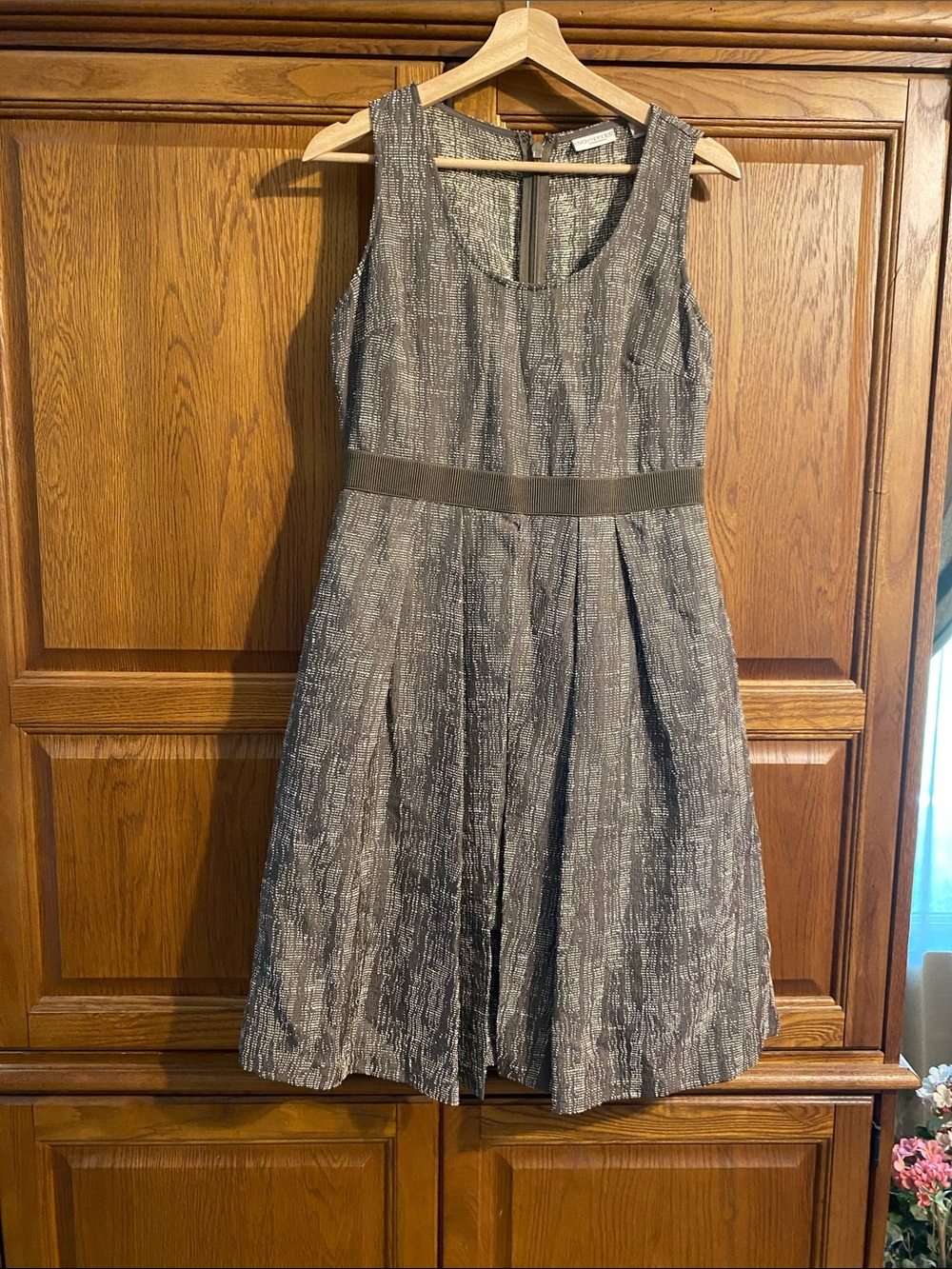 Eva Mendes Sleeveless Tweed Textured Midi Dress in Brown